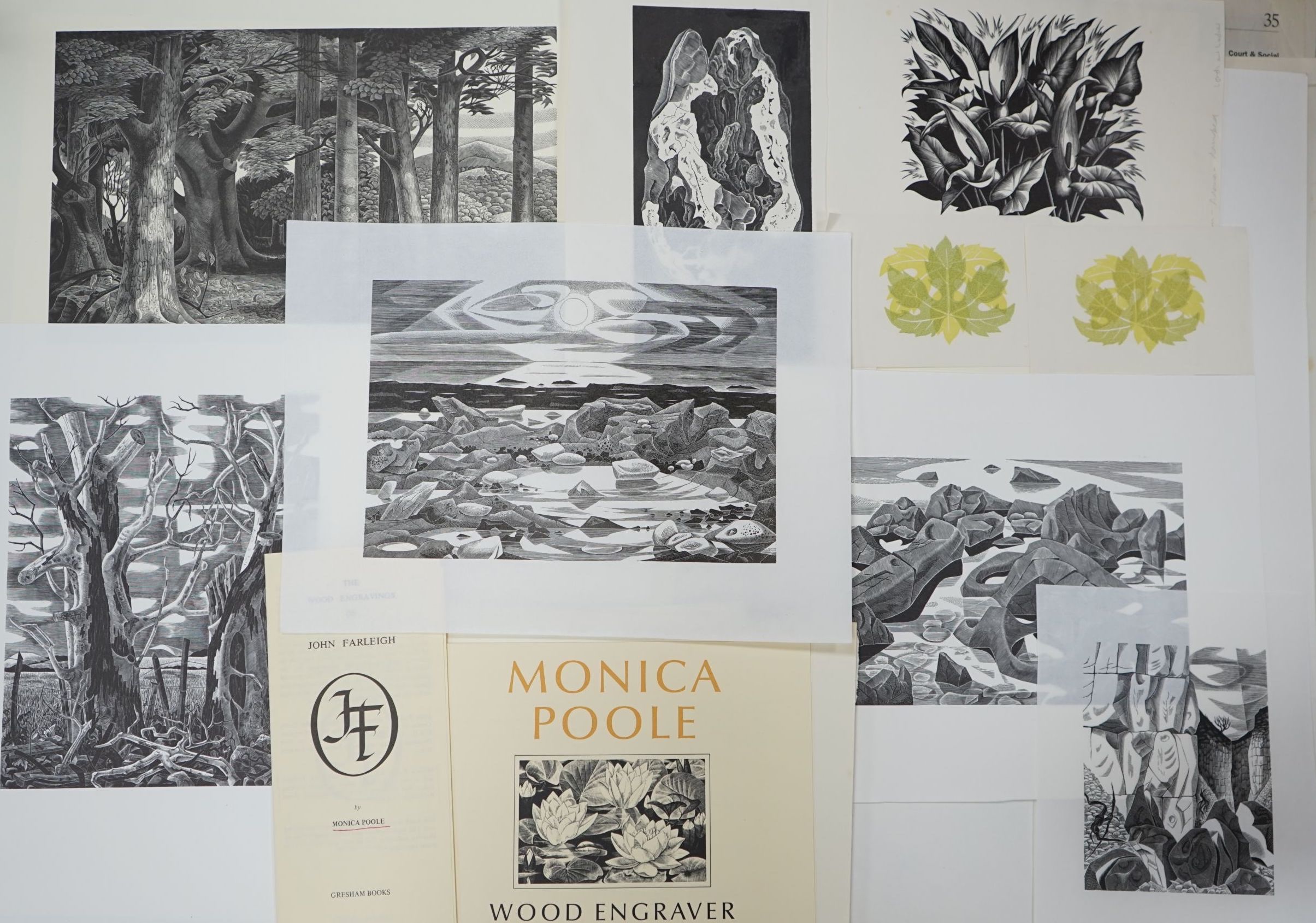 Monica Poole (1921-2003), a folio of assorted wood engravings, mostly unsigned, together with related leaflets and posters, largest 18 x 29cm